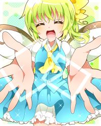 Rule 34 | 1girl, ascot, bow, daiyousei, fairy wings, green hair, hair bow, happy, kyapinetzu, open hand, open mouth, outstretched hand, sash, side ponytail, smile, solo, touhou, wings