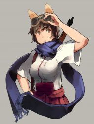 Rule 34 | 1girl, :o, animal ears, arisaka, bad id, bad twitter id, bolt action, brown eyes, brown hair, fox ears, goggles, goggles on head, grey background, gun, hakama, hakama short skirt, hakama skirt, hand on headwear, hand on own hip, haori, highres, japanese clothes, katou keiko, rifle, scarf, shibafu (glock23), short hair, short sleeves, simple background, skirt, solo, strike witches, weapon, witches of africa, world witches series