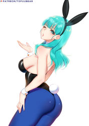 Rule 34 | animal ears, aqua eyes, aqua hair, artist name, ass, black hairband, black leotard, blue pantyhose, blunt bangs, blush, body blush, breasts, bulma, cowboy shot, dragon ball, fake animal ears, fake tail, from behind, hairband, hand on own thigh, hand up, large breasts, leotard, looking at viewer, looking back, one eye closed, pantyhose, pink lips, playboy bunny, rabbit ears, rabbit tail, simple background, skindentation, solo, tail, tofuubear, white background, wrist cuffs