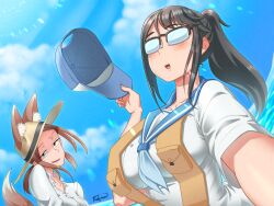 Rule 34 | 2girls, animal ear fluff, animal ears, artist name, black hair, blue neckerchief, breasts, brown hair, cloud, day, glasses, hat, highres, holding, holding clothes, holding hat, houkago teibou nisshi, kuroiwa yuuki, large breasts, lens flare, long hair, looking at viewer, multiple girls, neckerchief, oono makoto, outdoors, ponytail, selfie, shirt, short sleeves, sidelocks, straw hat, tail, tochinoko, unworn hat, unworn headwear, upper body, vest, water, white shirt, yellow vest