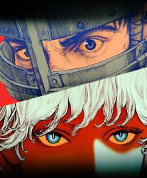 Rule 34 | 2boys, angry, berserk, black hair, blue eyes, close-up, colored sclera, commentary, english commentary, griffith (berserk), guts (berserk), hair between eyes, helmet, male focus, multiple boys, nisino2222, red background, rivalry, slit pupils, white hair