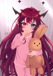 Rule 34 | 1girl, aged down, blue eyes, commentary, door, hair between eyes, heterochromia, highres, hololive, hololive english, horns, indoors, irys (hololive), long hair, multiple horns, pajamas, pink eyes, pink pajamas, pointy ears, purple hair, saito (pigrank), solo, stuffed animal, stuffed rabbit, stuffed toy, symbol-only commentary, thumb sucking, very long hair, virtual youtuber