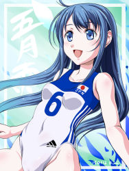 Rule 34 | 10s, 1girl, abriel00, adidas, alternate costume, blue eyes, blue hair, character name, dated, flag, japanese flag, kantai collection, leotard, long hair, matching hair/eyes, open mouth, samidare (kancolle), solo, sportswear, volleyball uniform