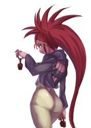 Rule 34 | 1girl, ass, back, backless outfit, black bra, bra, from behind, green eyes, hakubi washuu, highres, holding, hood, hooded jacket, jacket, long hair, long sleeves, looking at viewer, looking back, looking to the side, open mouth, pants, pantylines, red hair, shiny clothes, skin tight, smile, solo, sugishin46, tenchi muyou!, underwear, very long hair, white background, white pants