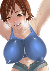 Rule 34 | 1girl, armpits, arms up, blush, breasts, brown eyes, brown hair, cleavage, collarbone, denim, denim shorts, covered erect nipples, from below, hanging breasts, heavy breathing, highres, impossible clothes, kazama asuka, kumikouj, large breasts, navel, open mouth, puffy nipples, short hair, shorts, smile, solo, sports bra, sweat, tekken, unbuttoned, unzipped, upper body, white background