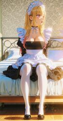 1girl apron bed bedroom black_choker black_dress blonde_hair breasts choker cleavage commentary_request dress ear_piercing gradient_hair highres indoors kitagawa_marin long_hair looking_to_the_side maid mattress multicolored_hair pantyhose piercing pillow pink_hair red_eyes rinoma_(armt7757) sono_bisque_doll_wa_koi_wo_suru white_pantyhose