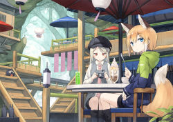 Rule 34 | 3girls, animal ear fluff, animal ears, black footwear, black shorts, blue eyes, blue hat, blue jacket, boots, camera, chair, collared shirt, commentary request, cup, day, drinking glass, drinking straw, fox ears, fox girl, fox tail, grey vest, hat, holding, holding camera, holding spoon, hood, hood down, hooded jacket, jacket, knee boots, light brown hair, long hair, long sleeves, multiple girls, necktie, on chair, original, outdoors, parfait, pink neckwear, poco (asahi age), shirt, short shorts, shorts, silver hair, sitting, spoon, stairs, table, tail, tail raised, tree, vest, white shirt