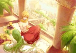Rule 34 | 2boys, alcohol, barefoot, blonde hair, bracelet, chalice, cup, enkidu (fate), fate/stay night, fate/strange fake, fate/zero, fate (series), food, fruit, gilgamesh (fate), green eyes, green hair, indian style, jewelry, long hair, male focus, multiple boys, nebo+, pointing, red eyes, short hair, sitting, temple, topless male, wine, wine goblet