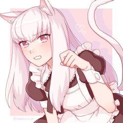 Rule 34 | 1girl, alternate costume, animal ears, apron, black dress, black neckwear, blush, cat ears, cat tail, commentary request, dress, fang, fire emblem, fire emblem: three houses, frilled apron, frills, hair between eyes, heart, highres, kemonomimi mode, long hair, looking at viewer, lysithea von ordelia, maid, maid apron, nintendo, open mouth, paw pose, peach11 01, pink eyes, puffy sleeves, short sleeves, solo, tail, twitter username, upper body, white apron, white hair, wrist cuffs