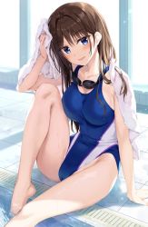 Rule 34 | 1girl, :d, arm support, ass, bare shoulders, barefoot, blue eyes, blue one-piece swimsuit, boku no kanojo sensei, breasts, brown hair, cameltoe, cleavage, collarbone, commentary request, competition swimsuit, covered navel, day, fujiki maka, goggles, goggles around neck, hand up, holding, holding towel, indoors, knee up, large breasts, long hair, looking at viewer, one-piece swimsuit, open mouth, oryo (oryo04), pool, shadow, sidelocks, sitting, skin tight, smile, solo, swimsuit, thighs, towel, water, wet, window
