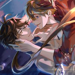 Rule 34 | 2boys, ahoge, blue eyes, brown hair, casual, couple, earrings, eye contact, from side, genshin impact, gradient hair, hair between eyes, hand on another&#039;s head, highres, jewelry, long hair, looking at another, lying, male focus, multicolored hair, multiple boys, on back, oyakorodesu, ponytail, red shirt, shirt, short hair, single earring, smile, tartaglia (genshin impact), yaoi, yellow eyes, zhongli (genshin impact)