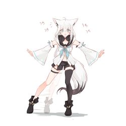 Rule 34 | 1girl, absurdres, ahoge, animal ear fluff, animal ears, aqua eyes, bare shoulders, black footwear, black shorts, black tail, black thighhighs, blue neckerchief, blush, braid, crossed bangs, detached sleeves, double-parted bangs, extra ears, fox ears, fox girl, fox tail, full body, highres, hololive, hood, hyde (tabakko), long hair, looking at viewer, low-tied long hair, motion lines, multicolored tail, navel, neckerchief, open mouth, pentagram, shirakami fubuki, shirakami fubuki (1st costume), short shorts, shorts, side braid, sidelocks, simple background, single braid, single thighhigh, solo, tail, thigh strap, thighhighs, virtual youtuber, white background, white hair, white tail, wide sleeves