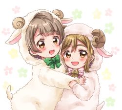 Rule 34 | 2girls, :d, animal costume, animal ears, animal hood, blush, bow, bowtie, brown eyes, brown hair, commentary request, eneco, floral background, fur, green neckwear, grey hair, hood, hood up, horns, hug, in-franchise crossover, kunikida hanamaru, long hair, long sleeves, looking at viewer, love live!, love live! school idol project, love live! sunshine!!, minami kotori, multiple girls, neck bell, open mouth, pink neckwear, sheep costume, sheep ears, sheep hood, sheep horns, sheep tail, smile, striped bow, striped bowtie, striped clothes, striped neckwear, tail