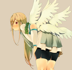 Rule 34 | 1boy, afuro terumi, ass, bad id, bad pixiv id, bike shorts, blonde hair, blush, inazuma eleven, inazuma eleven (series), long hair, looking back, male focus, multiple wings, red eyes, seraph, simple background, solo, tokio neo, trap, wings, zeus (inazuma eleven)