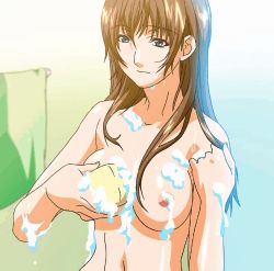 Rule 34 | 1girl, animated, animated gif, bathing, bathroom, blue eyes, blush, bouncing breasts, grabbing another&#039;s breast, breasts, brown hair, erogos, grabbing, konno suzuka, large breasts, long hair, love fetish, lowres, moaning, nipples, nude, grabbing own breast, shower, soap, solo, sponge, standing, towel