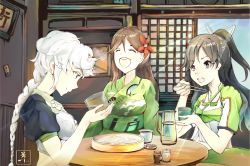 Rule 34 | 10s, 3girls, alternate costume, amagi (kancolle), bad id, bad pixiv id, black hair, braid, brown hair, chopsticks, closed eyes, cup, day, eating, flower, food, hair flower, hair ornament, hair ribbon, highres, indoors, japanese clothes, kantai collection, katsuragi (kancolle), kimono, kobaman annwn, laughing, light rays, long hair, multiple girls, noodles, painting (object), pitcher (container), ponytail, profile, puffy short sleeves, puffy sleeves, ribbon, short sleeves, signature, single braid, sitting, sky, sliding doors, smile, soy sauce, sunlight, table, unryuu (kancolle), white hair, yukata