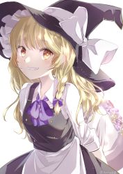 Rule 34 | 1girl, artist name, black hat, blonde hair, blush, bouquet, bow, bowtie, braid, breasts, buttons, closed mouth, collared shirt, commentary request, dress, eyes visible through hair, flower, frills, green flower, green rose, grey bow, grey dress, hair between eyes, hair bow, hat, hat bow, highres, kirisame marisa, knora, light, long hair, long sleeves, looking at viewer, medium breasts, pink flower, pink rose, purple bow, purple bowtie, purple flower, purple rose, red flower, red rose, rose, shirt, simple background, single braid, smile, solo, standing, teeth, touhou, white background, white shirt, witch hat, yellow eyes