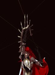 Rule 34 | armor, bow, cape, fate/grand order, fate (series), harp, highres, holding, holding weapon, instrument, knight, red cape, red hair, simple background, siyemmm, string, tristan (fate), weapon, white cape