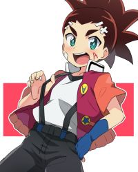 Rule 34 | 1boy, akaba aiga, aqua eyes, bandaid, bandaid on face, beyblade, beyblade: burst, blush, body writing, brown hair, child, chokutsuu (menino), drawing on another&#039;s face, fingerless gloves, gloves, highres, looking at viewer, male focus, ponytail, shorts, simple background, single glove, solo, spiked hair, suspender shorts, suspenders, white background