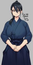 Rule 34 | 1girl, agawa ryou, black hair, black hakama, blue kimono, breasts, brown eyes, commentary, cowboy shot, dated, english commentary, facing viewer, grey background, hair between eyes, hakama, hakama skirt, own hands clasped, high ponytail, hip vent, huge breasts, japanese clothes, kendo, kimono, long hair, looking at viewer, medium hair, original, own hands together, ponytail, signature, skirt, solo, standing, tsurime