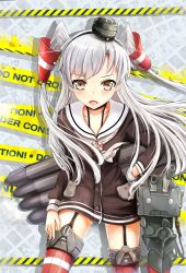 Rule 34 | 10s, 1girl, absurdres, amatsukaze (kancolle), brown eyes, caution tape, collarbone, cowboy shot, dress, fang, garter straps, gloves, hair tubes, hand on own hip, hazard stripes, highres, kantai collection, lifebuoy, long hair, long sleeves, looking at viewer, open mouth, rensouhou-kun, sailor dress, school uniform, serafuku, short dress, silver hair, single glove, solo, striped clothes, striped thighhighs, swim ring, thighhighs, two side up, white gloves, wuming (xianghui0106), zettai ryouiki
