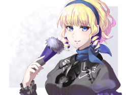 Rule 34 | 1girl, 2021, blonde hair, blue eyes, blue hairband, constance von nuvelle, dated, dress shirt, drill hair, fire emblem, fire emblem: three houses, grey shirt, hairband, happy birthday, highres, holding, long sleeves, looking at viewer, multicolored hair, nintendo, parted lips, purple hair, shinae, shirt, smile, solo, two-tone hair, upper body
