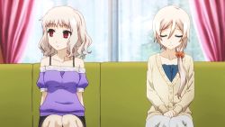 Rule 34 | 2girls, animated, animated gif, fate/kaleid liner prisma illya, fate (series), female focus, hair ornament, hair scrunchie, indoors, leysritt (fate), lowres, multiple girls, red eyes, scrunchie, sella (fate), short hair, undressing, white hair