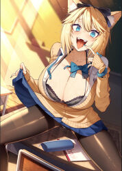 1girl animal_ears bangle black_bow black_bra black_pantyhose blonde_hair blue_bow blue_eyes blue_nails blue_skirt blush bow bra bra_peek bracelet braid breasts classroom cluseller collarbone collared_shirt commission desk fangs final_fantasy final_fantasy_xiv fingernails hair_bow hand_up headband highres huge_breasts jewelry long_fingernails long_sleeves maya_(maya_miqo) nail_polish notebook on_desk open_mouth original pantyhose partially_unbuttoned pencil_case pleated_skirt pointing_at_mouth shirt sitting skeb_commission skirt slit_pupils sweat sweatdrop sweater teeth thighband_pantyhose tongue tongue_out unbuttoned unbuttoned_shirt underwear upper_teeth_only warrior_of_light_(ff14) yellow_sweater