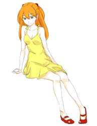 Rule 34 | 1girl, blue eyes, breasts, cleavage, dress, female focus, full body, neon genesis evangelion, shoes, simple background, smile, solo, souryuu asuka langley, sundress, white background