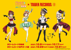 Rule 34 | 4girls, :d, ;d, akaboshi koume, arm up, black gloves, black headwear, black jacket, black socks, blue eyes, boots, bow, breasts, brown eyes, brown hair, cleavage, commentary request, copyright name, copyright notice, cross-laced footwear, fingerless gloves, flower, frilled skirt, frills, full body, girls und panzer, gloves, green bow, hair bow, hair flower, hair ornament, hair scrunchie, high heels, holding, holding microphone, idol, itsumi erika, jacket, kneehighs, lace-up boots, leg up, looking at viewer, medium breasts, medium hair, microphone, microphone stand, midriff, multiple girls, navel, nishizumi maho, nishizumi miho, off-shoulder jacket, off shoulder, official alternate costume, official art, one eye closed, open mouth, red flower, scrunchie, shirt, short hair, silver hair, simple background, skirt, smile, socks, thigh boots, thighhighs, tower records, wavy hair, white legwear, white scrunchie, white shirt, yellow background