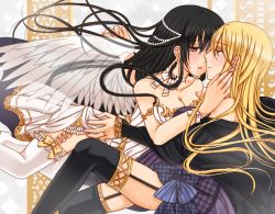 Rule 34 | 2girls, bad id, bad pixiv id, bare shoulders, black dress, black hair, blonde hair, blue eyes, blush, breasts, brown eyes, cleavage, dress, earrings, floating, garter belt, hand on another&#039;s face, hand on own hip, hug, imminent kiss, jewelry, long hair, looking at another, multiple girls, neck ribbon, off shoulder, open mouth, original, ribbon, ring, side slit, single wing, thighhighs, white dress, willowonion, wings, yuri