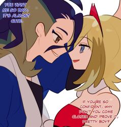 Rule 34 | 1boy, 1girl, adaman (pokemon), bare shoulders, blonde hair, blue eyes, blue hair, brown eyes, creatures (company), eye contact, face-to-face, from side, game freak, hairband, hetero, highres, irida (pokemon), kabedon, looking at another, multicolored hair, nintendo, pokemon, pokemon legends: arceus, red hairband, sgrimp, smile, two-tone hair, upper body, white background