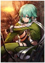 Rule 34 | 1girl, anti-materiel rifle, aqua eyes, aqua hair, belt, black shorts, bolt action, cropped jacket, eyebrows, eyelashes, fingerless gloves, flat chest, from side, gabiran, gloves, gun, hair between eyes, hair ornament, hairclip, hand on own arm, knee up, light particles, long sleeves, on ground, outdoors, outstretched arm, parted lips, pgm hecate ii, rifle, ruins, scarf, short hair, short shorts, shorts, sidelocks, sinon, sitting, sky, sniper rifle, solo, sun, sunlight, sword art online, thigh strap, weapon