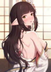 Rule 34 | 1girl, back, backless outfit, bare shoulders, black hair, blurry, blurry background, blush, breasts, brown eyes, commentary request, depth of field, from behind, hair ornament, highres, hinoa, japanese clothes, kimono, long hair, looking at viewer, looking back, medium breasts, monster hunter (series), monster hunter rise, nose blush, pointy ears, revision, sideboob, solo, sweat, tongue, tongue out, uneg, very long hair, white kimono, wide sleeves