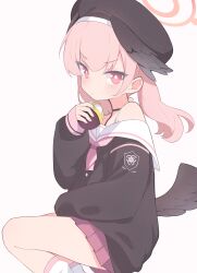 Rule 34 | 1girl, black hat, black shirt, black wings, blue archive, closed mouth, feet out of frame, halo, hat, head wings, highres, koharu (blue archive), long hair, long sleeves, looking at viewer, pink eyes, pink hair, red halo, rokukarashi, sailor collar, shirt, simple background, solo, twintails, white background, white sailor collar, white shirt, wings