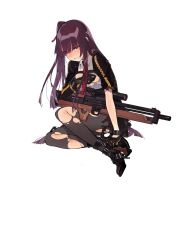 Rule 34 | 1girl, belt, between legs, black gloves, black pantyhose, blazer, blush, bow, breasts, bullpup, crying, crying with eyes open, damaged, duoyuanjun, embarrassed, eyebrows, framed breasts, full body, girls&#039; frontline, gloves, gun, hair bow, hair ribbon, hand between legs, hand on own chest, highres, jacket, long hair, looking at viewer, medium breasts, necktie, nose blush, official art, pantyhose, parted lips, personification, purple hair, red eyes, red necktie, red ribbon, ribbon, rifle, scope, side ponytail, sitting, sniper rifle, solo, tears, torn clothes, torn pantyhose, transparent background, underbust, uniform, very long hair, wa2000 (girls&#039; frontline), walther, walther wa 2000, weapon