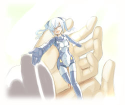 Rule 34 | 10s, 1girl, blue hair, busou shinki, closed eyes, doll joints, in palm, injury, joints, long hair, mecha musume, mechanical parts, mini person, minigirl, outstretched arm, outstretched hand, reaching, shigehiro (hiroi heya), smile, solo, solo focus, strarf, twintails