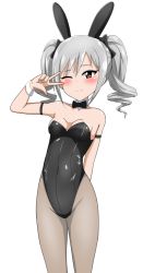 Rule 34 | 10s, 1girl, animal ears, bad id, bad pixiv id, bare shoulders, blush, detached collar, drill hair, fake animal ears, idolmaster, idolmaster cinderella girls, kanzaki ranko, long hair, marupuni, one eye closed, pantyhose, playboy bunny, rabbit ears, rabbit tail, red eyes, silver hair, simple background, solo, tail, twin drills, twintails, v