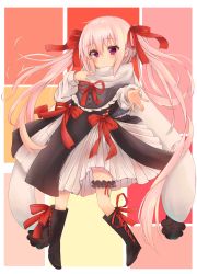 Rule 34 | 1girl, absurdres, bad id, bad pixiv id, boots, dress, highres, kirk, knee boots, long hair, original, outstretched hand, pink hair, red eyes, ribbon, scarf, solo, twintails, very long hair