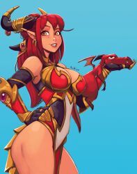 Rule 34 | 1girl, absurdres, alexstrasza, animal, arm guards, black gloves, blue background, bodysuit, breasts, cleavage, cleavage cutout, clothing cutout, dragon, dragon girl, dragon horns, dragon tail, elbow gloves, freckles, gloves, hand on own hip, highres, holding, holding animal, horns, large breasts, layered clothes, lips, loincloth, long hair, looking at viewer, multicolored bodysuit, multicolored clothes, orange eyes, raichiyo33, red hair, signature, smile, solo, tail, teeth, thighs, warcraft, world of warcraft