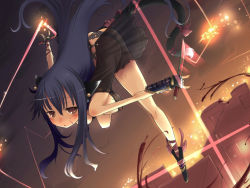 Rule 34 | 1girl, animal ears, armor, bare shoulders, bent over, black footwear, black hair, black panties, blue hair, blush, boots, bow, brown eyes, cat ears, dress, foreshortening, full body, gloves, glowing, kawahara megumi, knee boots, lace, lace-trimmed panties, lace trim, legs, light, light rays, lingerie, long hair, looking at viewer, original, outstretched arms, panties, ribbon, sidelocks, solo, string, sword, thighs, underwear, very long hair, weapon