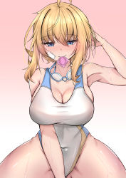 Rule 34 | 1girl, absurdres, ahoge, amy strickland, arm up, bare arms, blonde hair, blue eyes, breasts, cleavage, closed mouth, collarbone, commission, competition swimsuit, condom, condom in mouth, counter:side, covered navel, goggles, goggles around neck, gradient background, hair between eyes, highres, large breasts, long hair, mouth hold, one-piece swimsuit, sera4, simple background, skindentation, swimsuit, thick thighs, thighs, wet