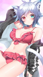 Rule 34 | 1girl, ahoge, animal ears, bare shoulders, bikini, blue eyes, blush, breasts, bucchake (asami), cat ears, cat girl, cat tail, character request, cleavage, closed mouth, collarbone, copyright request, cowboy shot, frilled bikini, frills, grey hair, heterochromia, jacket, long sleeves, medium breasts, navel, open clothes, open jacket, orange eyes, red bikini, short hair, strap gap, swimsuit, tail, virtual youtuber