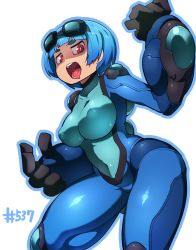 Rule 34 | 1girl, black gloves, bodysuit, breasts, clenched hand, fukurou (owl222), gloves, goggles, highres, impossible clothes, large breasts, looking at viewer, personification, pokemon, red eyes, seismitoad, short hair, skin tight, solo, standing, thick eyebrows, tongue