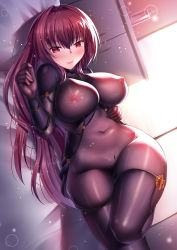 Rule 34 | 1girl, bedroom, blush, bodystocking, bodysuit, breasts, cabinet, covered erect nipples, covered navel, fate/grand order, fate (series), indoors, iro ame (amewaagada), large breasts, long hair, lying, on side, purple bodysuit, purple hair, red eyes, scathach (fate), scathach (fate), solo, thighs, very long hair