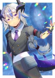 Rule 34 | 1boy, arknights, black gloves, black jacket, black pants, blue hair, blurry, blurry background, braid, closed mouth, collared shirt, commentary request, commission, cropped jacket, depth of field, fingerless gloves, gloves, grey hair, hair between eyes, horns, jacket, kou hiyoyo, long hair, looking at viewer, male focus, multicolored hair, necktie, pants, purple eyes, purple necktie, puzzle (arknights), shirt, short sleeves, single braid, skeb commission, solo, streaked hair, tail, very long hair, white shirt