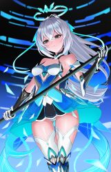 Rule 34 | 1girl, absurdres, aircell, armored boots, bare shoulders, black eyes, blue dress, blue hair, boots, breasts, bronya zaychik, bronya zaychik (herrscher of truth), closed mouth, dress, feet out of frame, gloves, grey hair, hair between eyes, halo, highres, holding, holding polearm, holding weapon, honkai (series), honkai impact 3rd, long hair, medium breasts, multicolored hair, pink pupils, polearm, solo, thighhighs, two-tone hair, very long hair, weapon, white thighhighs