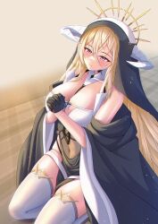 Rule 34 | 1girl, absurdres, azur lane, bare shoulders, black gloves, blonde hair, breast cutout, breasts, cleavage, commission, covered navel, fake horns, framed breasts, gloves, habit, hair between eyes, half gloves, halo, highres, horns, implacable (azur lane), kaidou nora-, kneeling, large breasts, long hair, long sleeves, mechanical halo, nun, pelvic curtain, pixiv commission, red eyes, revealing clothes, see-through, solo, thighhighs, very long hair, white horns, white thighhighs, wide sleeves
