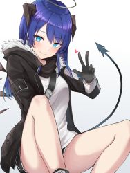 Rule 34 | 1girl, absurdres, angel, arknights, bare legs, black gloves, black jacket, black shorts, blue eyes, blue hair, blush, breasts, demon horns, demon tail, energy wings, fur-trimmed jacket, fur trim, gloves, hair over one eye, halo, hand up, heart, highres, hood, hooded jacket, horns, jacket, knees apart feet together, knees up, long hair, looking at viewer, mango (mgo), medium breasts, mostima (arknights), open clothes, open jacket, shirt, short shorts, shorts, simple background, smile, solo, spread legs, tail, thighs, w, white background, white shirt