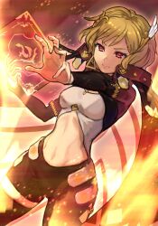 Rule 34 | 1girl, black pants, blonde hair, book, cape, citrinne (fire emblem), clothing cutout, commentary request, fire emblem, fire emblem engage, hair ornament, highres, holding, holding book, leggings, long sleeves, midriff, navel, nintendo, pants, r123, red eyes, short hair, solo, stomach, stomach cutout